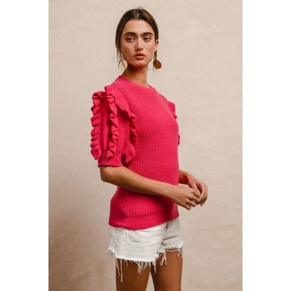 BiBi Ruffle Sleeve Ribbed Sweater In Fuscia Pink Sz Large - Picture 1 of 4
